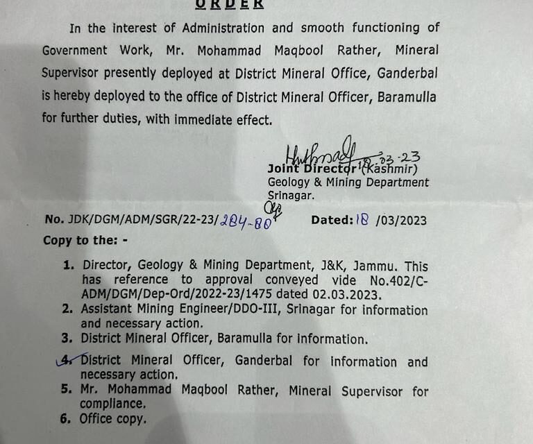 Despite transfer order by Joint director Kashmir Geology and mining department, Mineral supervisor not relieved By DMO Ganderbal