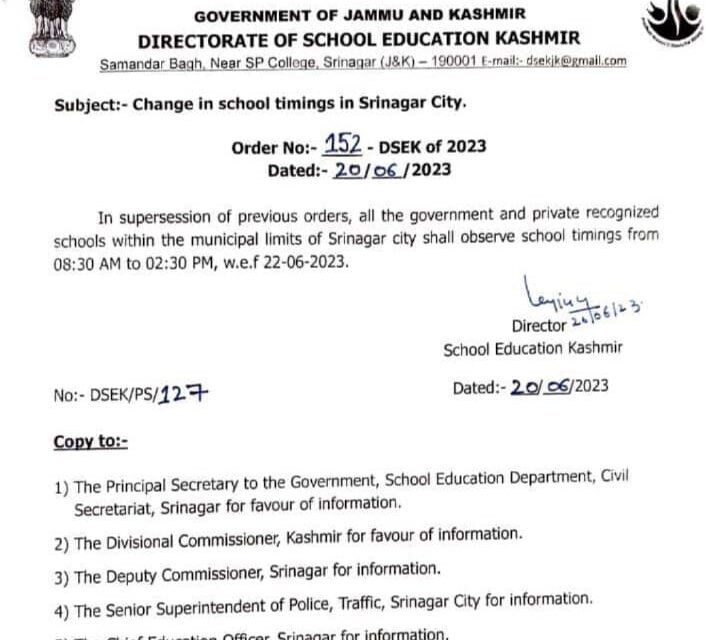 New timing announced for school within Srinagar municipality limits