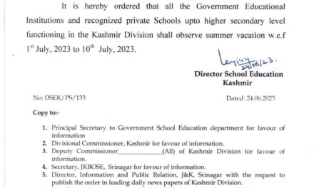 Govt announces 10 days summer vacation for schools of Kashmir from July-01