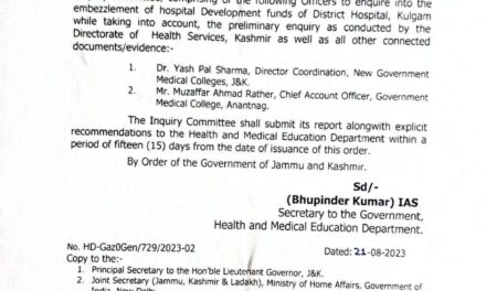 Three health officials suspended for embezzlement of funds at DH Kulgam
