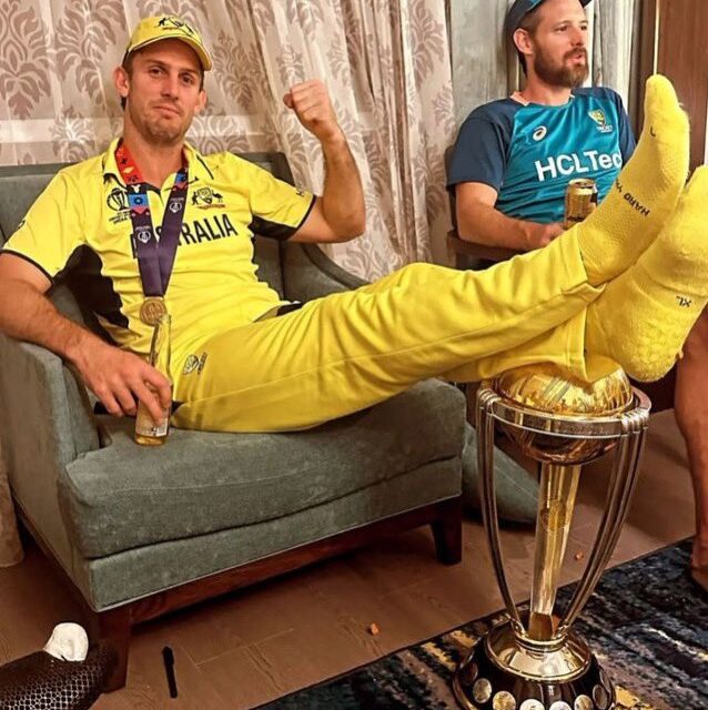 Marsh defends controversial act of resting feet on World Cup trophy