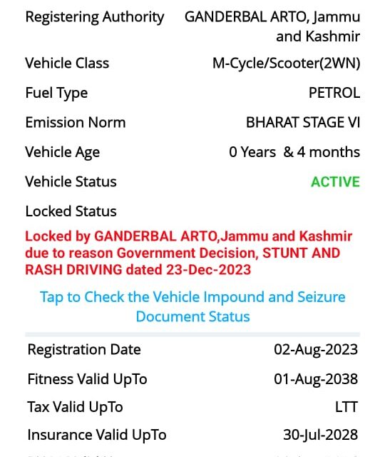 ARTO Ganderbal blacklisted the Bike after Dangerous Stunt video went Viral On Social Media