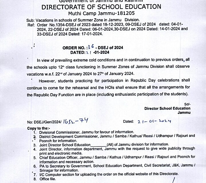 Cold Wave:Schools in summer zones of Jammu to observe winter vacation till Jan-27