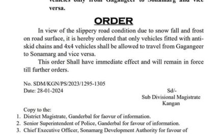 4×4 vehicles with anti-skid chains to be allowed on Gagangeer to Sonamarg and Vice versa:SDM Kangan