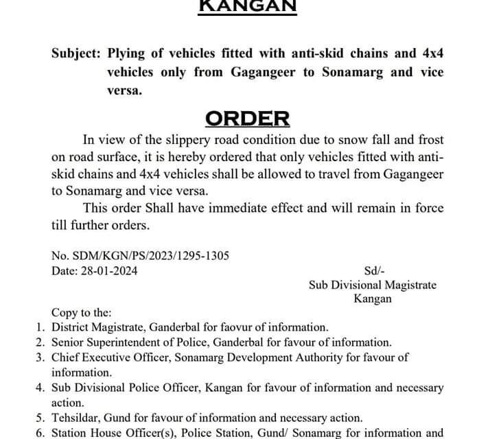 4×4 vehicles with anti-skid chains to be allowed on Gagangeer to Sonamarg and Vice versa:SDM Kangan