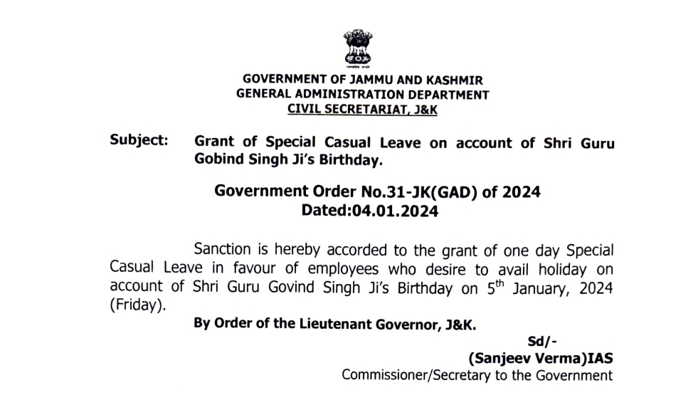 J&K govt announces special leave for employees on Guru Govind Singh’s birth anniversary