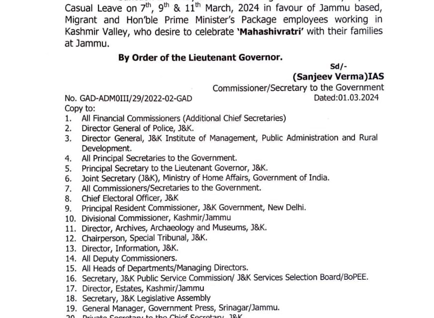 Govt grants 3-day leave to Migrant, PM Package employees for Mahashivratri