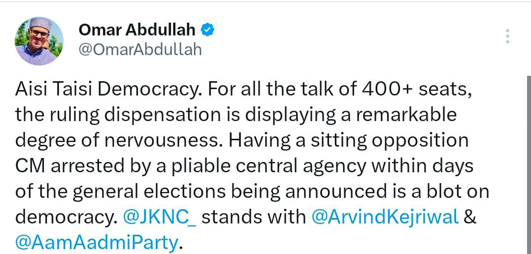 Kejriwal’s arrest shows ruling party’s ‘remarkable degree of nervousness’ Omar Abdullah