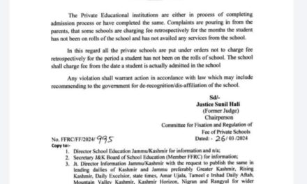 FFRC, J&K, Warns Private Educational Institutions of Action for Charging of School Fee On Retrospective Basis