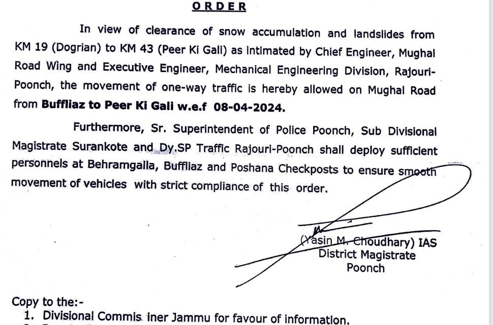 DM Shopian Orders Annual Opening of Mughal Road from Tomorrow Onwards