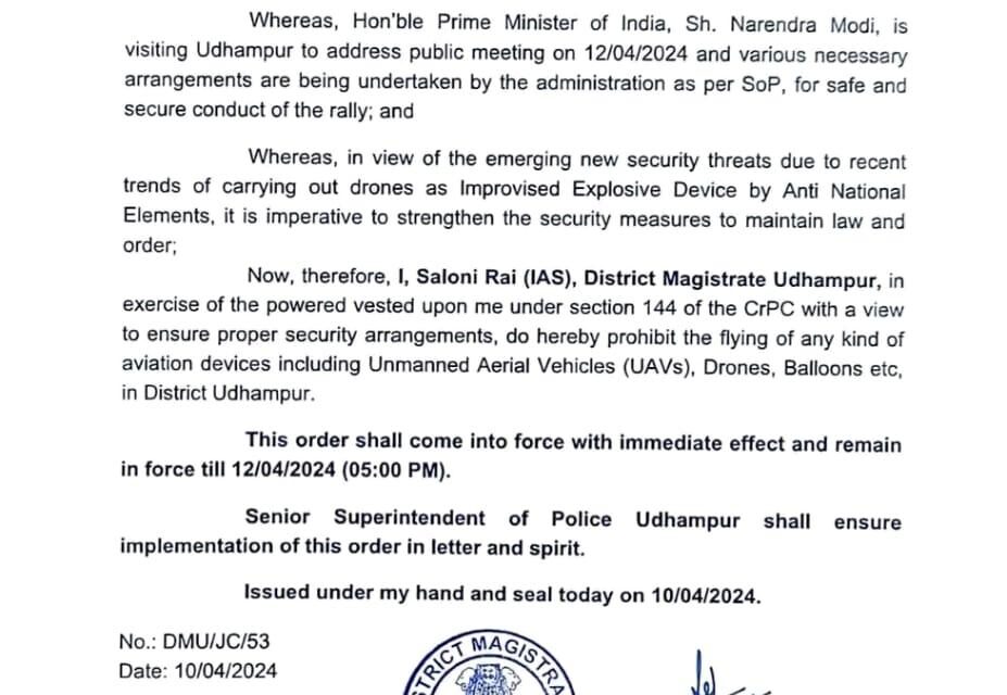 Ahead of PM visit, authorities prohibit flying of aviation devices in Udhampur