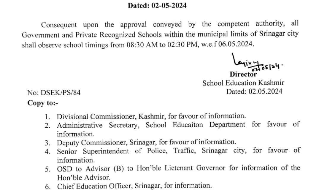 School timings changed to 8:30 am to 2:30 pm in Srinagar from May 6