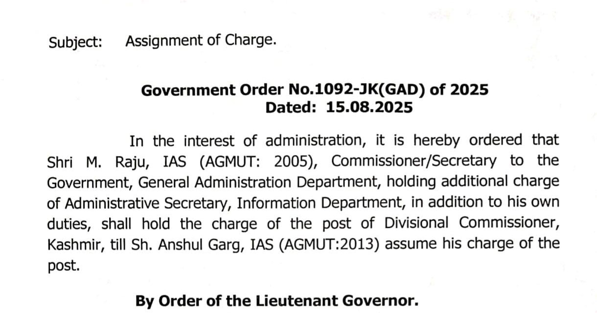 M. Raju Assigned Charge Of Divisional Commisionar Kashmir