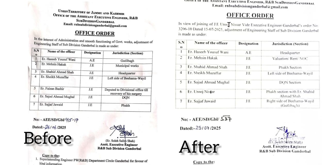 Frequent Transfers Raise Eyebrows in R&B Engineering Wing Ganderbal;Ex-AEE Issued Second Transfer Order Days Before His Own Posting