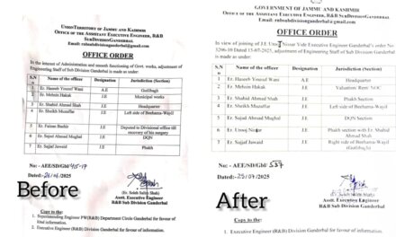 Frequent Transfers Raise Eyebrows in R&B Engineering Wing Ganderbal;Ex-AEE Issued Second Transfer Order Days Before His Own Posting