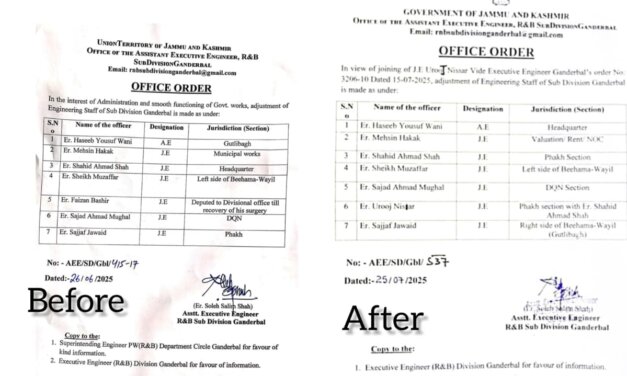 Frequent Transfers Raise Eyebrows in R&B Engineering Wing Ganderbal;Ex-AEE Issued Second Transfer Order Days Before His Own Posting
