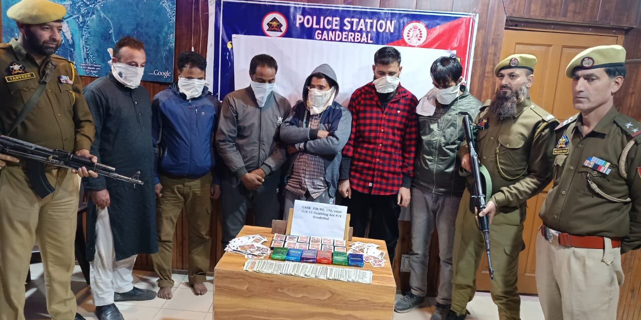 Illegal Gambling Busted in Ganderbal; Police Arrest Six, Seize Cash and Playing Cards.